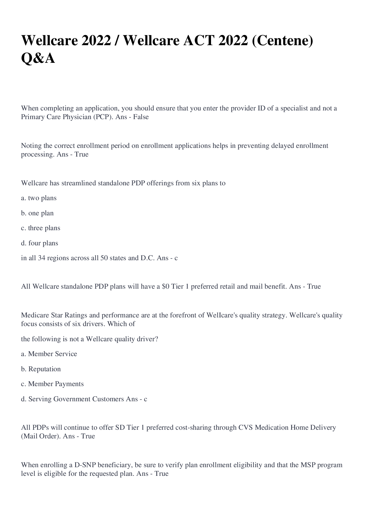 Preview of Wellcare 2022 Questions And Answers
